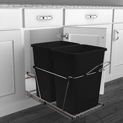 Rev-A-Shelf RV-18KD-18C S Double 35 Quart Sliding Pull-Out Waste Containers Garbage Trash Recycling Bins For Kitchen Cabinets, Black