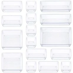 16 Pcs Drawer Organizer Set Dresser Desk Drawer Dividers - 5 Size Bathroom Vanity Cosmetic Makeup Trays - Multipurpose Clear Plastic Storage Bins For Jewelries, Kitchen Gadgets And Office Accessories