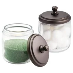MDesign Small Apothecary Organizer Canister Jars - Glass Containers With Steel Lid For Bathroom, Organization Holder For Vanity, Counter, Hamill Collection - 2 Pack - Clear/Bronze
