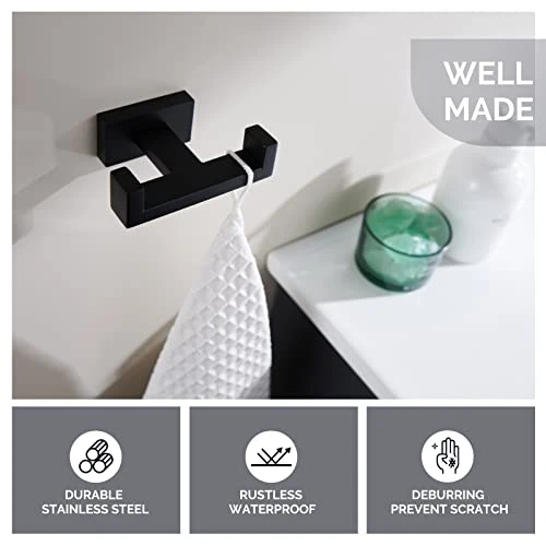 Angle Simple Double Towel Hook Matte Black, Stainless Steel Bathroom Towel Holder, Coat Robe Hook Wall Mount 3 Angle Simple Double Towel Hook Matte Black, Stainless Steel Bathroom Towel Holder, Coat Robe Hook Wall Mount - Image 3