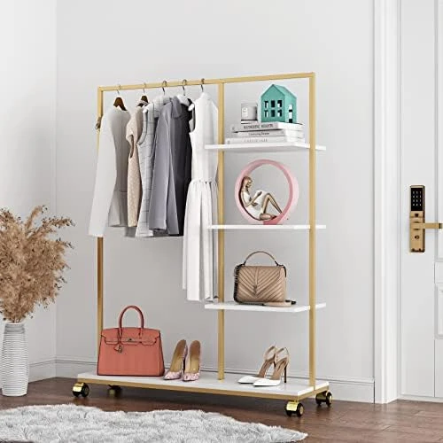 FONECHIN Metal Gold Clothing Rack For Boutique Use, Heavy Duty Garment Rack With Shelves For Retail Display (59L Inches) 4 FONECHIN Metal Gold Clothing Rack For Boutique Use, Heavy Duty Garment Rack With Shelves For Retail Display (59L Inches) - Image 4