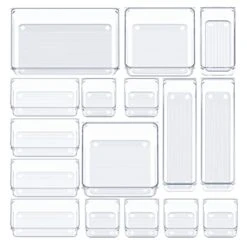 16 PCS Drawer Organizer Set Clear Plastic Drawer Organizer Trays With Non-Slip Silicone Pads, 5-Size Desk Drawer Organizers And Storage Bins For Makeup, Jewelry, Bathroom, Office And Kitchen