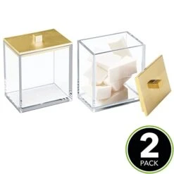 MDesign Plastic Rectangle Apothecary Canister - Organizer For Bathroom Vanity Countertop Shelf Decor - Holds Cotton Swabs, Soap, Makeup, Bath Salts - Lumiere Collection - 2 Pack - Clear/Gold
