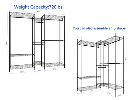 Serxis Heavy Duty Garment Rack For Hanging Clothes, Metal Clothing Rack,Large Capacity Portable Clothing Rack,Freestanding Open Wardrobe Organizer Rack, 67.0"L X 13.8"W X 75.6"H Max Load 720LBS, Black 5 Serxis Heavy Duty Garment Rack For Hanging Clothes, Metal Clothing Rack,Large Capacity Portable Clothing Rack,Freestanding Open Wardrobe Organizer Rack, 67.0"L X 13.8"W X 75.6"H Max Load 720LBS, Black - Image 5