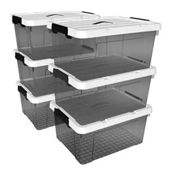 Cetomo 45L*6 Plastic Storage Box, Tote Box,Organizing Container With Durable Lid And Secure Latching Buckles, Stackable And Nestable, 6Pack, Transparent Black With Black Buckle