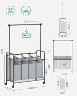 SONGMICS 4-Section Laundry Sorter, Rolling Laundry Hamper With Hanging Bar, Heavy-Duty Laundry Basket, Lockable Wheels Hampers For Laundry, 4 X 13.2 Gal., Gray URLS44GS -GENERIC Shop 41Hl1sijt2L