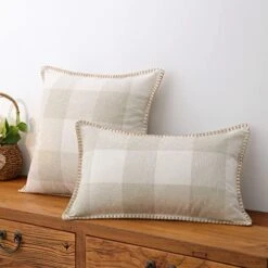 DecorUhome Set Of 2 Throw Pillow Covers, Farmhouse Buffalo Plaid Check Decorative Pillow Covers For Bed Couch Sofa, 18x18 Inches, Cream White And Beige -GENERIC Shop 41KIATEy10L