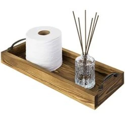 MyGift 16-inch Rustic Burnt Wood Toilet Tank Tray Organizer Storage Bathroom Vanity Tray With Vintage Brass Metal Handles
