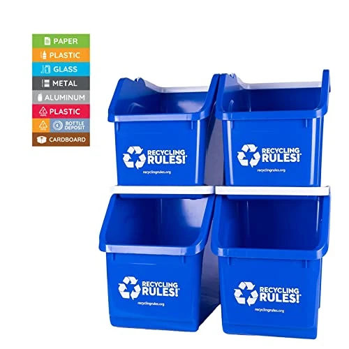 Recycling Rules 6 Gallon Stackable Recycling Bin Container In Blue, Eco-Friendly BPA-Free Handy Recycler With Handle, 4-Pack 8 Recycling Rules 6 Gallon Stackable Recycling Bin Container In Blue, Eco-Friendly BPA-Free Handy Recycler With Handle, 4-Pack - Image 8