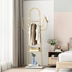 Gold Clothing Rack, Modern Clothing Rack With Shelf, Standing Coat Rack, 2-in-1 Garment Rack