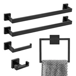 5-Piece Bathroom Hardware Set Matte Black, Lava Odoro Towel Bar Set Stainless Steel Wall Mounted - Include 2 Towel Bar Towel Ring Toilet Paper Holder And Double Hook, 23.6-Inch
