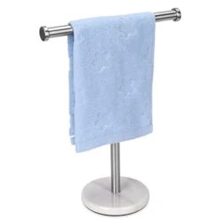 Towel Rack With Natural Marble Base T-Shape Hand Towel Holder Stand SUS304 Stainless Steel For Bathroom Vanity Countertop Brushed Nickel Finish (Silver)