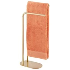MDesign Tall Stainless Freestanding Towel Rack Holder - 2 Tier Minimalist Pedestal Hanger Holders For Kitchen And Bathroom - Racks For Bath, Hand, Dish, And Tea Towels Or Washcloths - Soft Brass