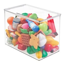MDesign Plastic Stackable Toy Box Storage Organizer Bin Container With Lid - For Kids Play Room, Living Room, Toy Storage - Hold/Store Toys, Puzzles, Markers, Blocks - Clear
