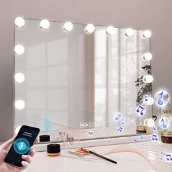 Vanity Mirror With Lights And Bluetooth, Hollywood Mirror With Lights 15 LED Dimmable Bulbs, Lighted Vanity Mirrors Adjustable Brightness, 3 Color Modes, USB Port