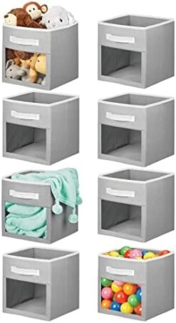 MDesign Fabric Nursery/Playroom Closet Storage Organizer Bin Box With Front Handle/Window For Cube Furniture Shelving Units, Hold Toys, Clothes, Diapers, Bibs, Jane Collection, 6 Pack, Navy Blue/White -GENERIC Shop 41O3GGM3reL. AC