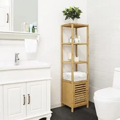 SONGMICS Bamboo Bathroom Storage Floor Cabinet, 4 Tiers Multifunctional Floor Shelving Unit, Free Standing Tower Corner Rack, Natural UBCB50Y