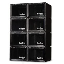 SupBro Collection Crate - Easy Access Storage Shoes Box -Plastic Foldable Stackable Sneaker Display Storage With Clear Front Door Organizer-8 Pack (Black)
