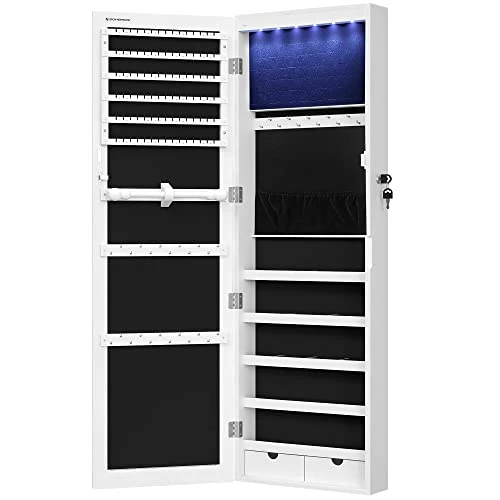 SONGMICS 6 LEDs Mirror Jewelry Cabinet, 47.2-Inch Tall Lockable Wall Or Door Mounted Jewelry Armoire Organizer With Mirror, 2 Drawers, White UJJC93W 1 SONGMICS 6 LEDs Mirror Jewelry Cabinet, 47.2-Inch Tall Lockable Wall Or Door Mounted Jewelry Armoire Organizer With Mirror, 2 Drawers, White UJJC93W