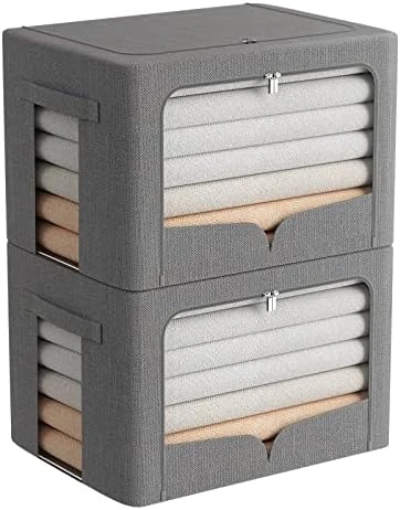 2 Pack Clothes Storage Bins - Stackable Metal Frame Storage Box Foldable Linen Fabric Box Organizer With Carrying Handles And Clear Window (Beige, 15.7X 11.8X 11.7 Inch) 14 2 Pack Clothes Storage Bins - Stackable Metal Frame Storage Box Foldable Linen Fabric Box Organizer With Carrying Handles And Clear Window (Beige, 15.7X 11.8X 11.7 Inch) - Image 14