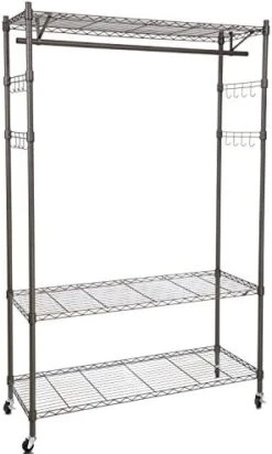 BATHWA Garment Rolling Rack, 3-Tiers Heavy Duty Wire Clothing Shelving, With Lockable Wheels, 2 Side Hooks, And 2 Clothes Rods (Black) -GENERIC Shop 41PnUGRINPL. AC