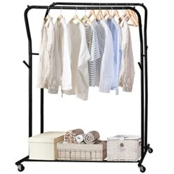 GIOTORENT Double Rod Clothes Rack With Wheels,42 Inch Portable Rolling Coat Rack,Freestanding All-Metal Garment Rack,for Hanging Clothes,Bags,Black