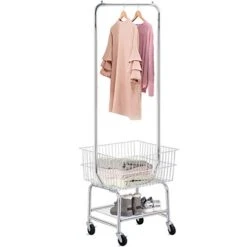 Topeakmart Wire Commercial Rolling Laundry Cart Bulter Garment Rack,Laundry Butler Storage Rack,w/Hanging Wire Rack Wash Basket/Bag Mesh Collapsible Racks On Wheels