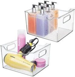 MDesign Large Deep Plastic Storage Bin With Handle For Bathroom/Vanity Organization - Countertop Makeup Organizer - Organization For Shelf, Cabinet, And Closet Decor - Ligne Collection, 2 Pack, Clear -GENERIC Shop 41Ra6ePAteL. AC