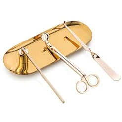 Aimto Candle Snuffer Accessory Set 4 In 1 - Candle Snuffer, Wick Trimmer, Wick Dipper And Plate Tray For Putting Out Extinguish Candle Wicks Flame Safely (Gold)