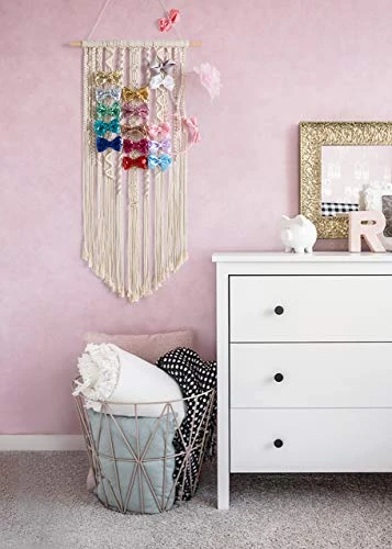 Mkono Macrame Bow Holder Hanging Hair Bow Organizer For Girls Hair Bows,Boho Wall Hair Clips Headband Storage Hanger For Baby Toddler Girls Room, Ivory (Clips And Other Props Not Included) 2 Mkono Macrame Bow Holder Hanging Hair Bow Organizer For Girls Hair Bows,Boho Wall Hair Clips Headband Storage Hanger For Baby Toddler Girls Room, Ivory (Clips And Other Props Not Included) - Image 2