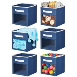 MDesign Fabric Nursery/Playroom Closet Storage Organizer Bin Box With Front Handle/Window For Cube Furniture Shelving Units, Hold Toys, Clothes, Diapers, Bibs, Jane Collection, 6 Pack, Navy Blue/White