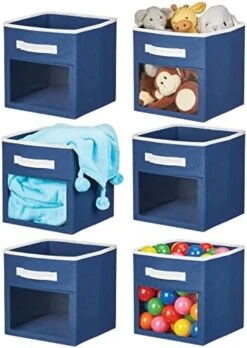 MDesign Fabric Nursery/Playroom Closet Storage Organizer Bin Box With Front Handle/Window For Cube Furniture Shelving Units, Hold Toys, Clothes, Diapers, Bibs, Jane Collection, 6 Pack, Navy Blue/White -GENERIC Shop 41TABzzudcL. AC