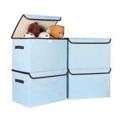 Univivi Larger Storage Cubes Foldable Storage Box With Lid, Collapsible Storage Bin Organizer Basket With Sturdy Handles For Nursery, Closet (17''-4 Pack-BLUE)