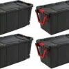 STERILITE 14699002 40 Gallon/151 Liter Wheeled Industrial Tote, Black Lid & Base W/Racer Red Handle & Latches, 4 Pack