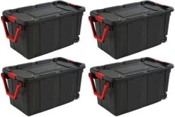 STERILITE 14699002 40 Gallon/151 Liter Wheeled Industrial Tote, Black Lid & Base W/Racer Red Handle & Latches, 4 Pack