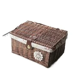 WALTX Rattan Storage Basket Desktop Sundries Cosmetic Storage Box Hand-Woven Home Basket With Lid (Color : Coffee Rose Cloth, Size : 37x27x17 Cm)