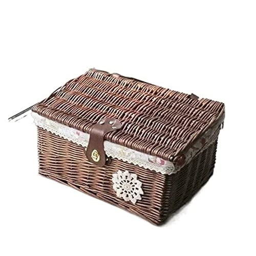 WALTX Rattan Storage Basket Desktop Sundries Cosmetic Storage Box Hand-Woven Home Basket With Lid (Color : Coffee Rose Cloth, Size : 37x27x17 Cm) 1 WALTX Rattan Storage Basket Desktop Sundries Cosmetic Storage Box Hand-Woven Home Basket With Lid (Color : Coffee Rose Cloth, Size : 37x27x17 Cm)