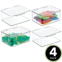 MDesign Plastic Playroom/Gaming Storage Organizer Box Containers, Hinged Lid For Shelves Or Cubby, Holds Small Toys, Building Blocks, Puzzles, Markers, Lumiere Collection, 4 Pack, Clear