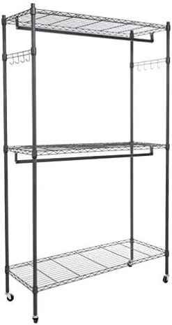 BATHWA Garment Rolling Rack, 3-Tiers Heavy Duty Wire Clothing Shelving, With Lockable Wheels, 2 Side Hooks, And 2 Clothes Rods (Black) -GENERIC Shop 41TibdNFX1L. AC