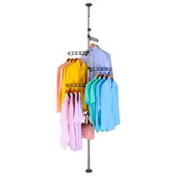 BAOYOUNI 4-Tier Standing Clothes Laundry Drying Rack Coat Hanger Organizer Floor To Ceiling Adjustable Metal Corner Tension Pole, Grey