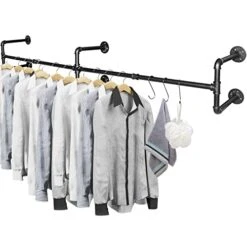Rebala Industrial Pipe Clothing Rack 70.86" Length,Wall Mounted Clothes Rack,Max Load 132Lb Metal Commercial Garment Bar Space-Saving,Laundry Room Decor,Multi-Purpose Hanging