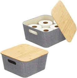 MDesign Modern Fabric Covered Basket With Lid - Stacking Decorative Storage Bin Box With Bamboo Cover For Closet, Living Room, Kitchen, Office Shelf - Holders For Clothing/Accessories, 2 Pack, Cream -GENERIC Shop 41UeunMzcSL. AC
