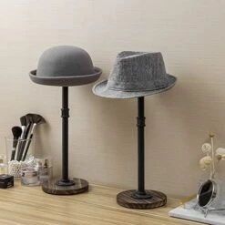 MyGift Industrial Black Metal Adjustable Pedestal Hat Stand With Rustic Burnt Wood Base And Top, Baseball Cap And Wig Display Racks, Set Of 2