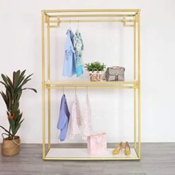 FONECHIN Metal Clothes Display Rack Free Standing Garment Clothing Rack With Wooden Shelves Cover Heavy Duty Closet Hanging Rack Gold,59"