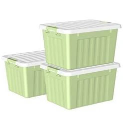 Cetomo 15L*3 Plastic Storage Box,Green, Tote Box,Organizing Container With Durable Lid And Secure Latching Buckles, Stackable And Nestable, 3Pack, With Buckle