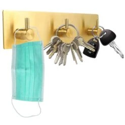Key Hooks For Wall, Key Holder For Wall Decorative With 3 Key Hooks, Coat Hanger, Purse Hanger, Towel Hook, Easy Mount Key Hangers For Wall, Entryway, Bathroom, Living Room, Kitchen (Gold Finish)