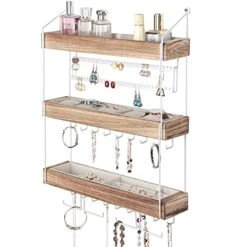 J JACKCUBE DESIGN Wall Mounted 3 Tier Wooden Jewelry Organizer Rack With Accessories Storage Shelf And 18 Metal Earring, Necklace Hooks- MK907A