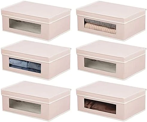 MDesign Fabric Stackable Slim Shelf Storage Organizer Box With Window/Attached Lid For Organizing Bedroom Closet - Holds Purses, Linens, Accessories - Lido Collection - 6 Pack, Cream/Espresso Brown 10 MDesign Fabric Stackable Slim Shelf Storage Organizer Box With Window/Attached Lid For Organizing Bedroom Closet - Holds Purses, Linens, Accessories - Lido Collection - 6 Pack, Cream/Espresso Brown - Image 10
