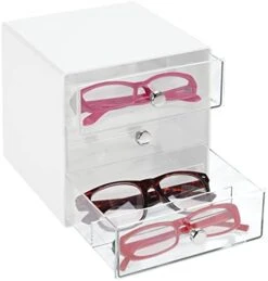 MDesign Stackable Plastic Eye Glass Storage Organizer Box Holder For Sunglasses, Reading Glasses, Lens Cleaning Cloths, And Accessories - 3 Divided Drawers, Chrome Pulls - Light Pink/Clear -GENERIC Shop 41a0sCorkFL. AC