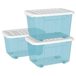 Cetomo 55L*3 Plastic Storage Box,Clear Blue, Tote Box, Organizing Container With Durable Lid And Secure Latching Buckles, Stackable And Nestable, 3Pack, With Buckle